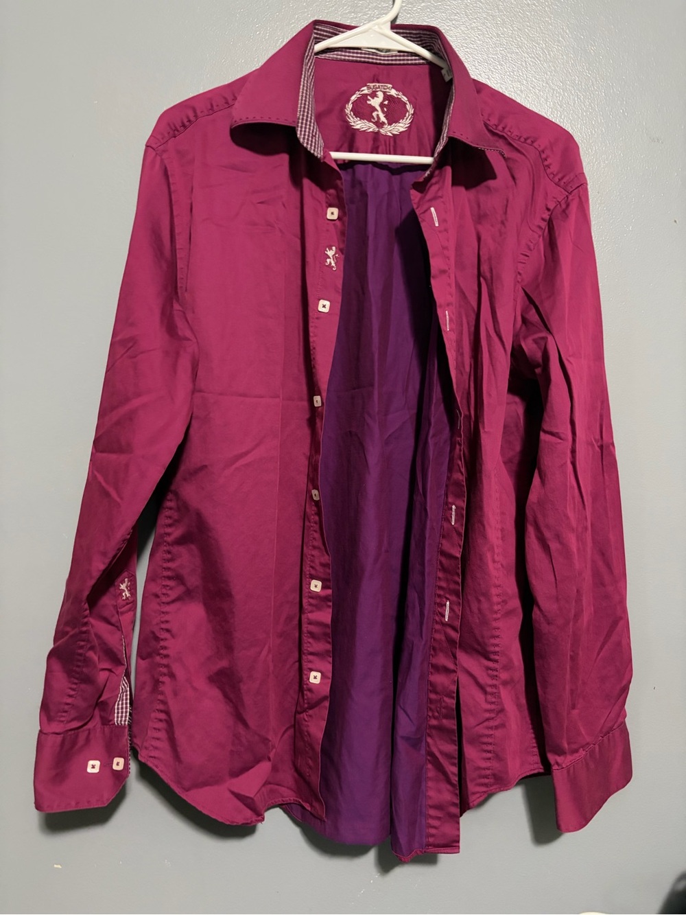 Bugatchi Men's Magenta Dress Shirt with Purple Lining large